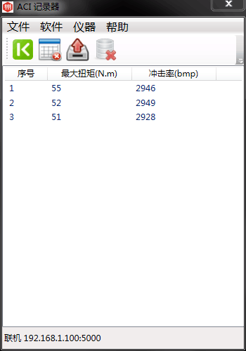 三次測量日本Panasonic充電式沖擊起子得到的最大扭矩值和沖擊數發送到電腦上的數據